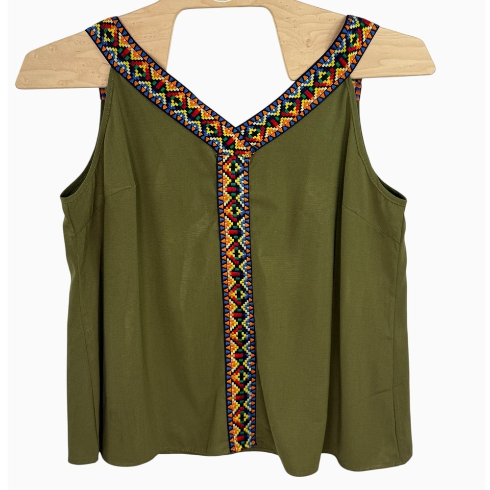 Olive Green 3XL Embroidered Trim V-Neck Sleeveless Tank Top Boho Plus Size